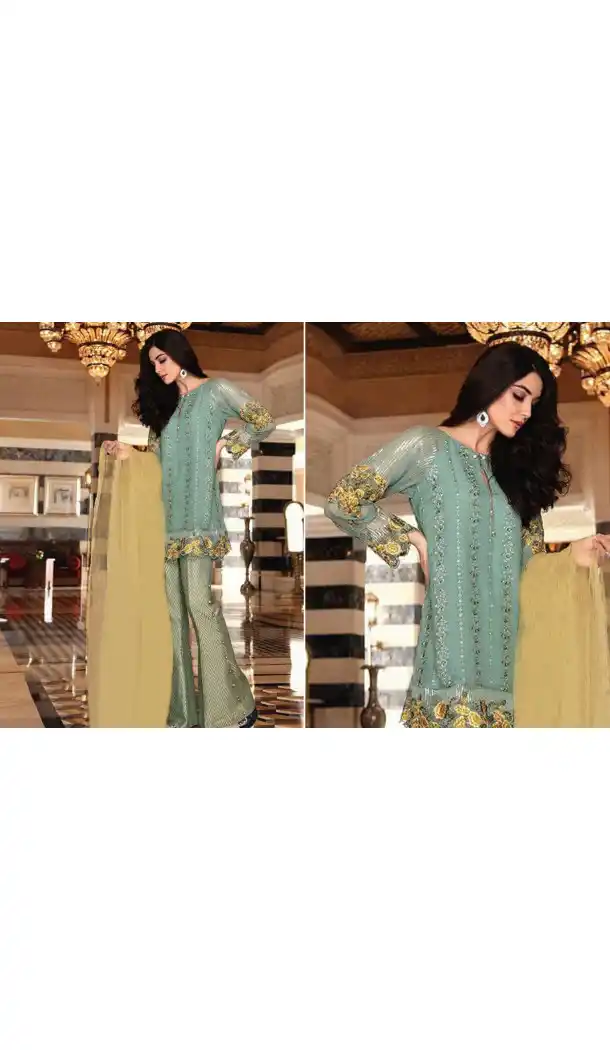 Grey Color Georgette Embroidered Straight Cut Palazzo Pants Suit | FH563183846