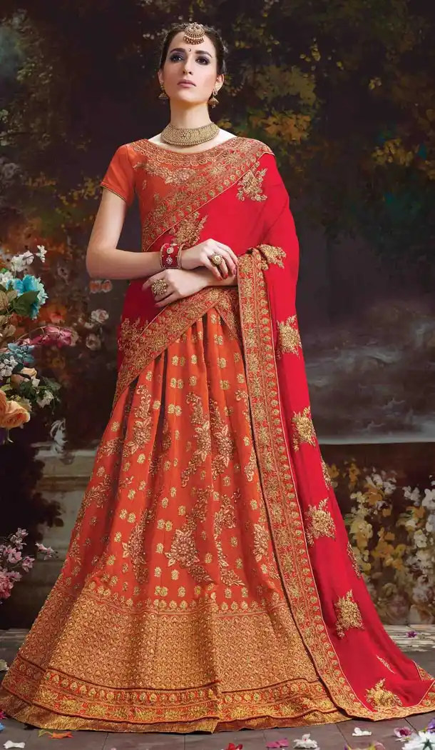 Deep Orange Color Silk Embroidered Traditional Circular Lehenga Choli | FH564584027