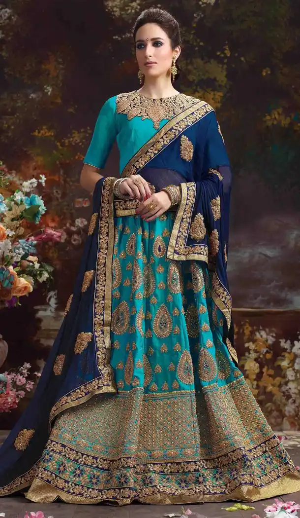 Sky Blue Color Silk Embroidered Traditional Circular Lehenga Choli | FH564584028