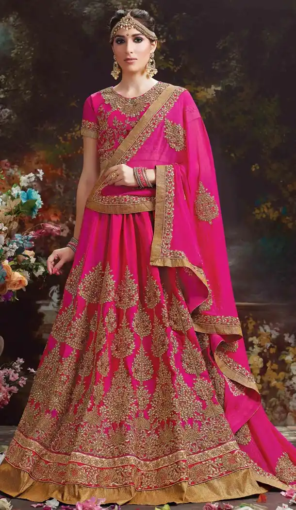 Embroidered Deep Pink Color Silk Traditional Circular Lehenga Choli | FH564584029