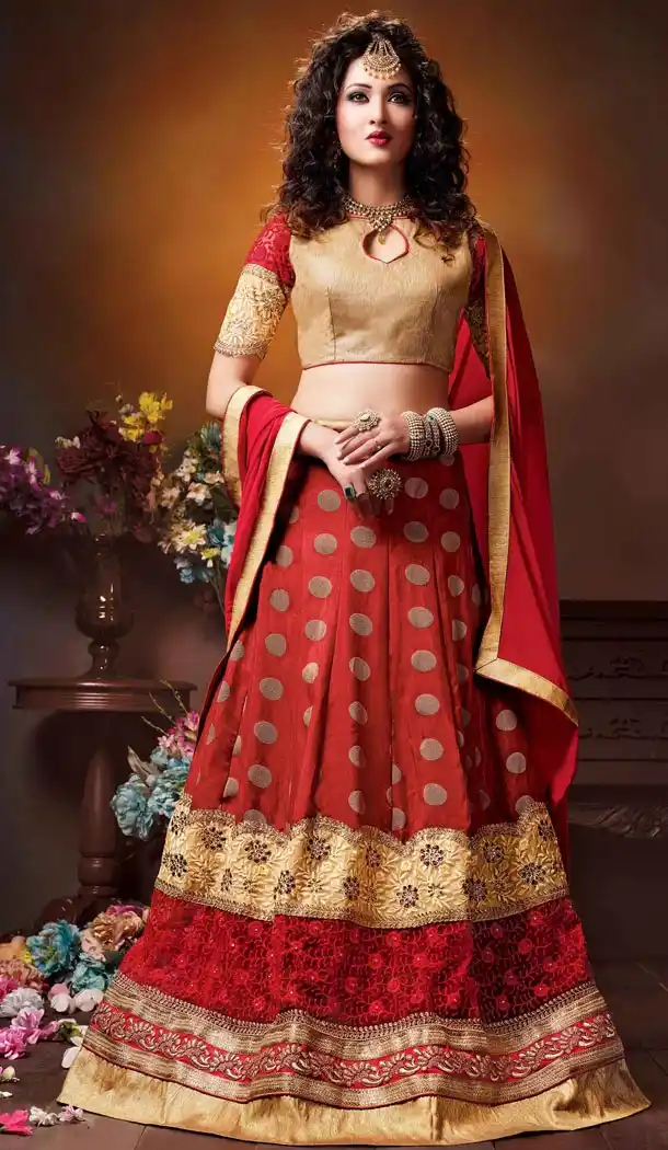 Crystals Stones Silk Red Color Party Wear A Line Lehenga Choli | FH564684030