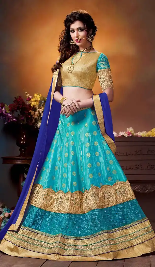 Crystals Stones Silk Sky Blue Color Party Wear Circular Lehenga Choli | FH564684031
