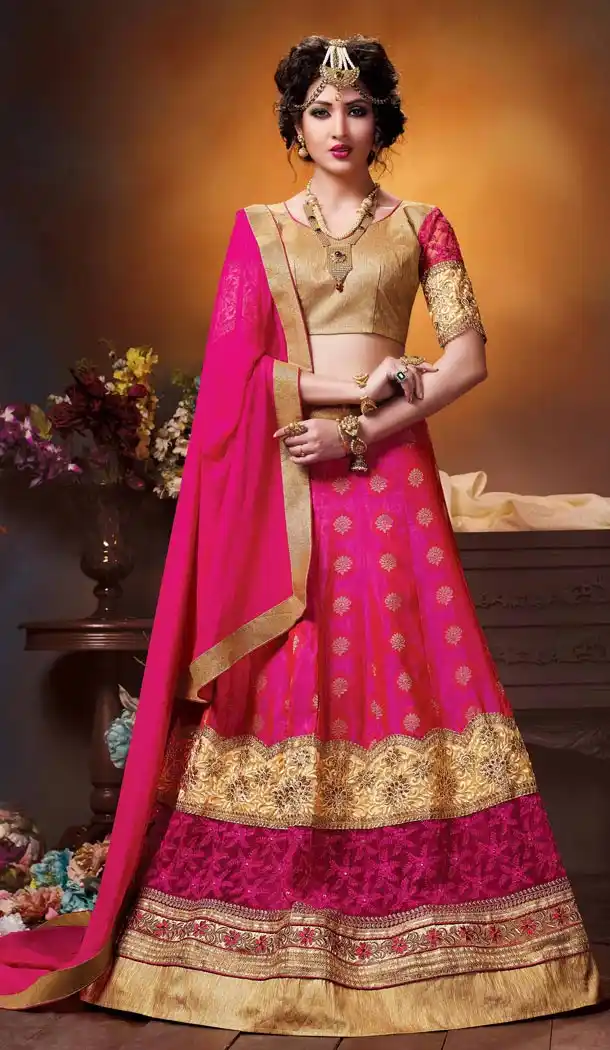Crystals Stones Silk Deep Pink Color Party Wear Circular Lehenga Choli | FH564684032