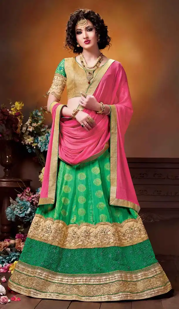 Crystals Stones Silk Green Color Party Wear Circular Lehenga Choli | FH564684033