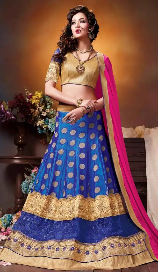 Crystals Stones Silk Blue Color Party Wear Circular Lehenga Choli | FH564684038