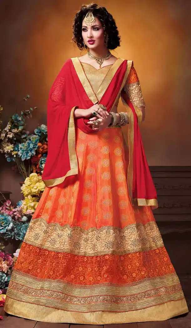 Crystals Stones Silk Orange Color Party Wear Circular Lehenga Choli | FH564684039