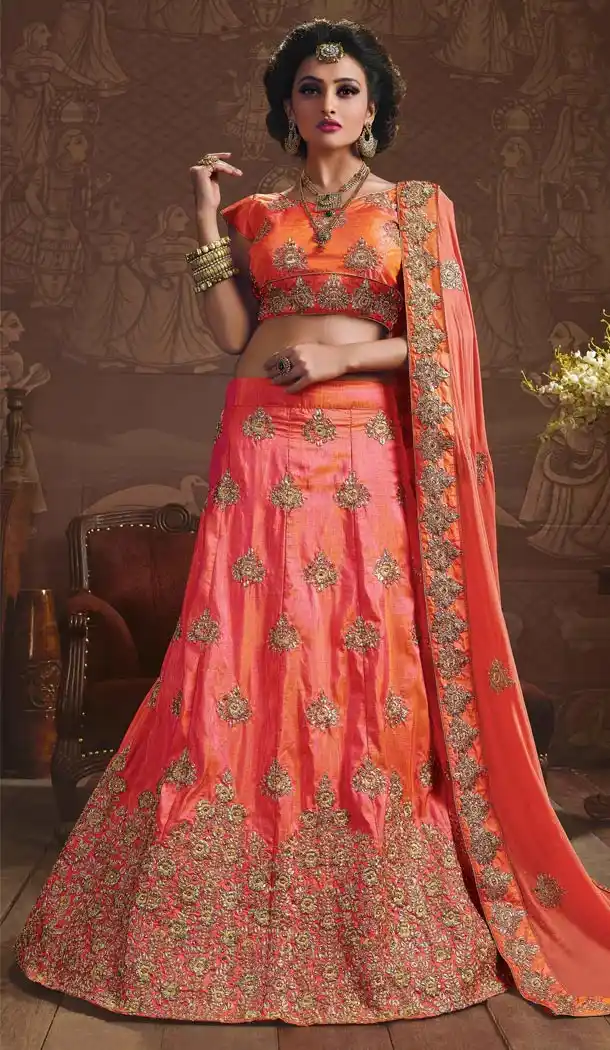 Embroidery Silk Salmon Color Wedding Sangeet Lehengas Choli | FH564784042