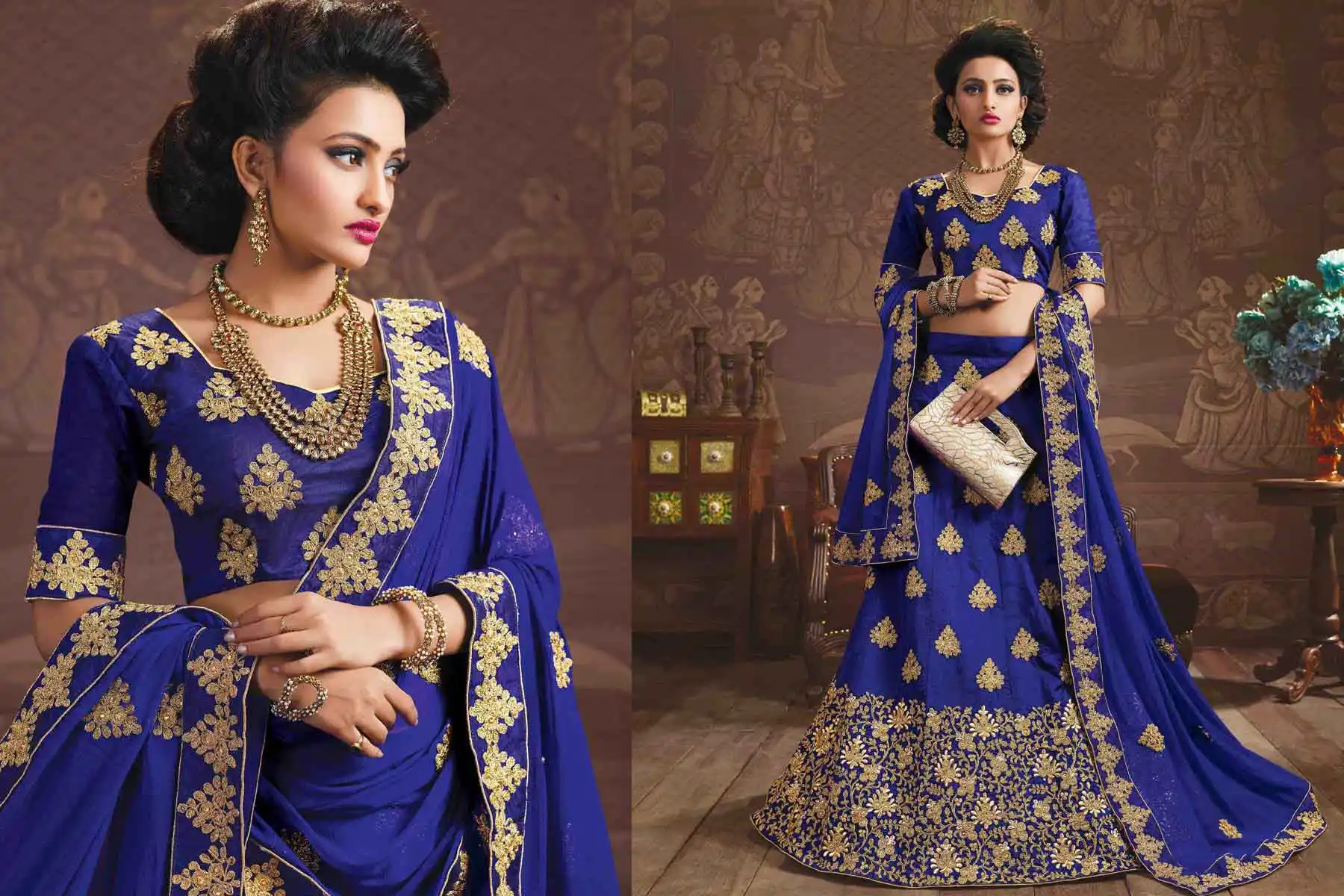 Embroidery Silk Blue Color Wedding Sangeet Lehengas Choli | FH564784043