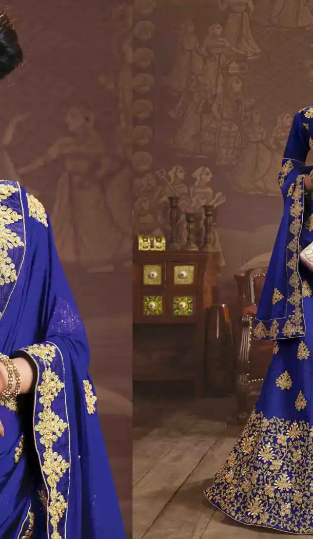 Embroidery Silk Blue Color Wedding Sangeet Lehengas Choli | FH564784043