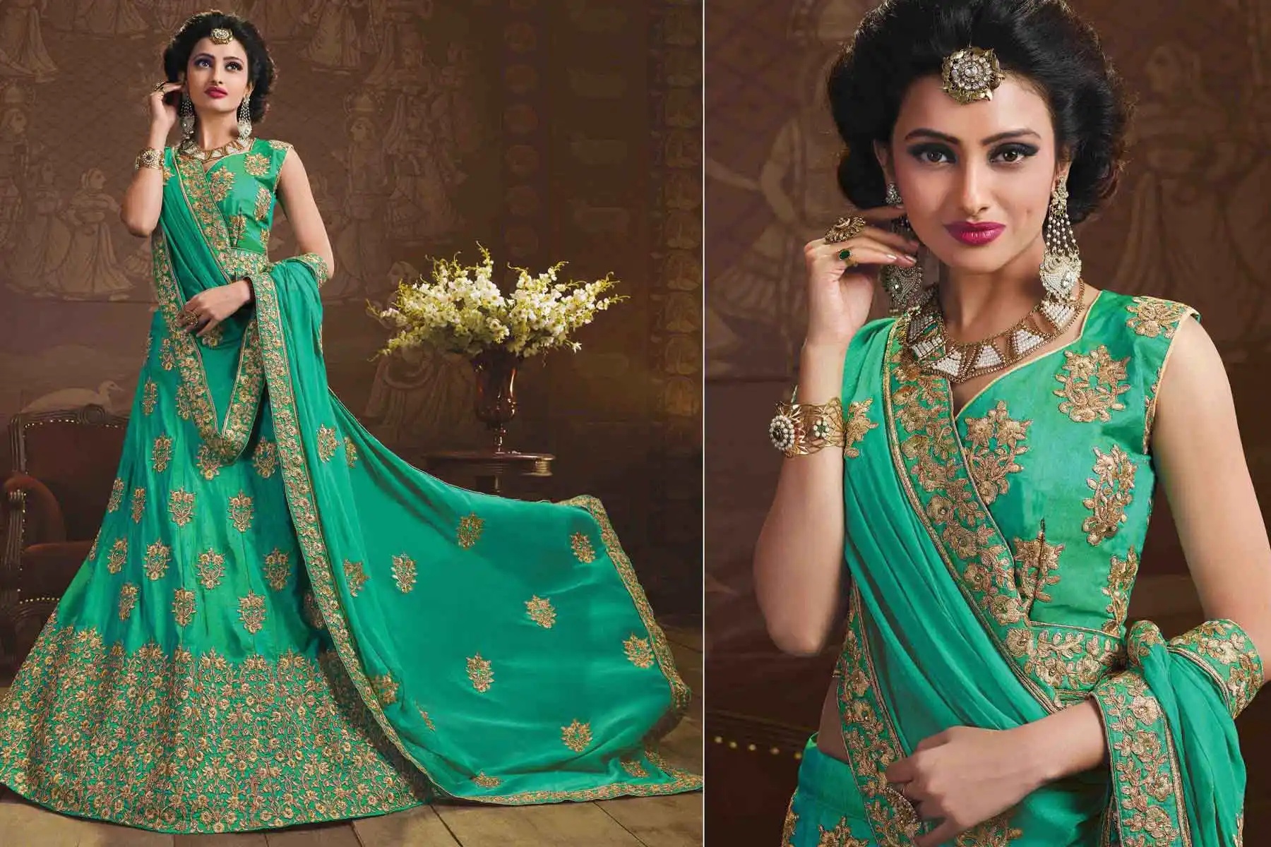 Embroidery Silk Green Color Wedding Sangeet Lehengas Choli | FH564784044