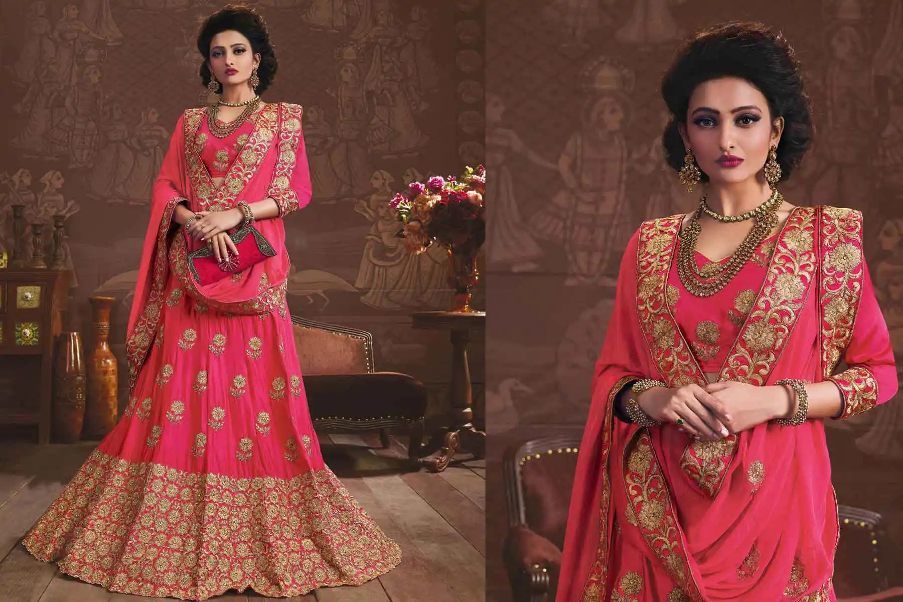 Embroidery Silk Deep Pink Color Wedding Sangeet Lehengas Choli | FH564784045