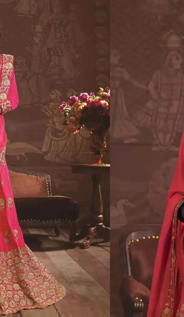 Embroidery Silk Deep Pink Color Wedding Sangeet Lehengas Choli | FH564784045
