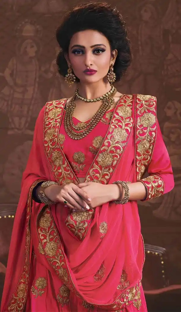Embroidery Silk Deep Pink Color Wedding Sangeet Lehengas Choli | FH564784045