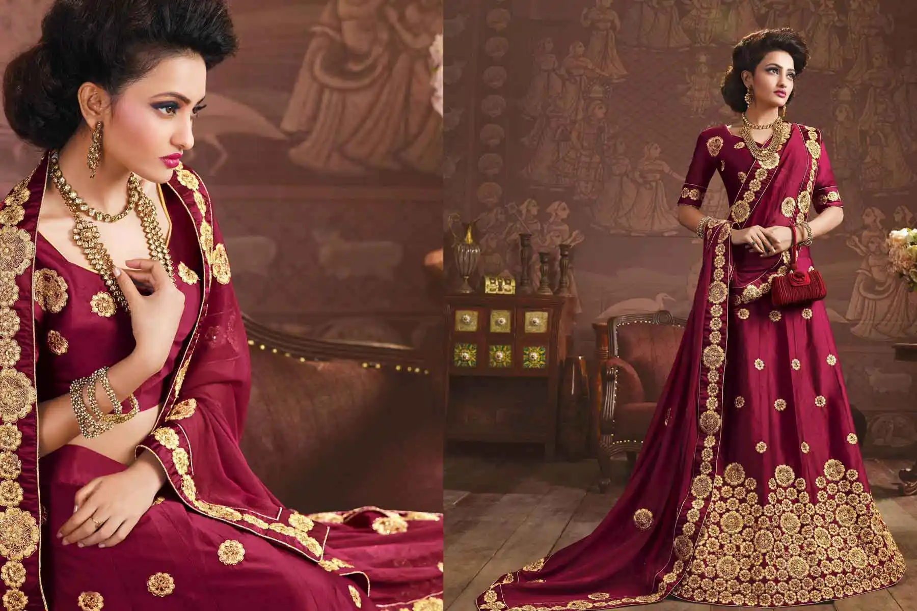 Embroidery Silk Maroon Color Wedding Sangeet Lehengas Choli | FH564784046
