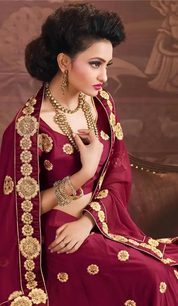 Embroidery Silk Maroon Color Wedding Sangeet Lehengas Choli | FH564784046