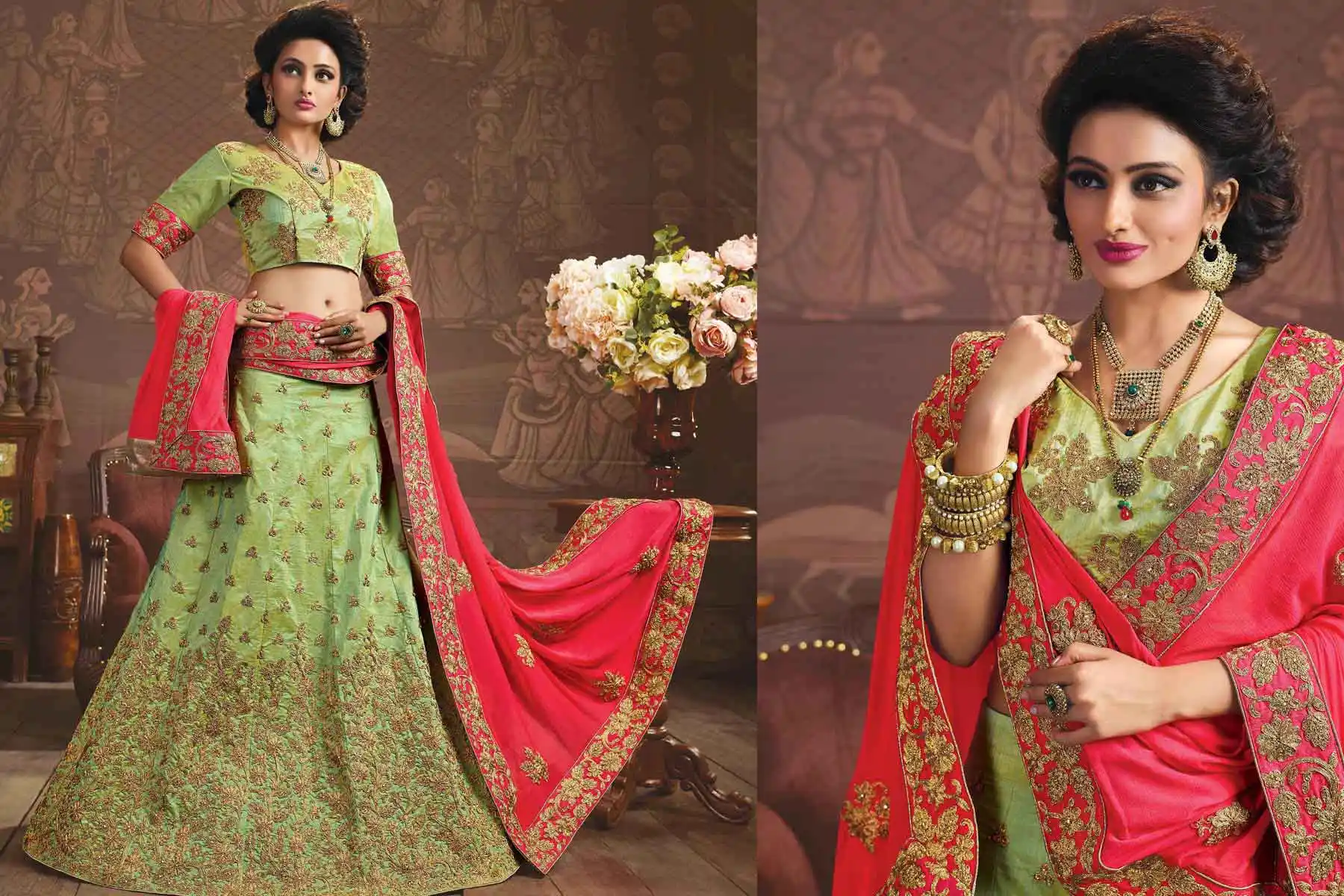 Embroidery Silk Mint Green Color Wedding Sangeet Lehengas Choli | FH564784047