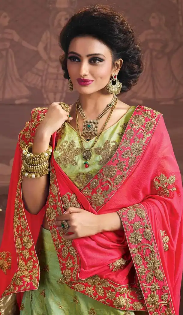 Embroidery Silk Mint Green Color Wedding Sangeet Lehengas Choli | FH564784047