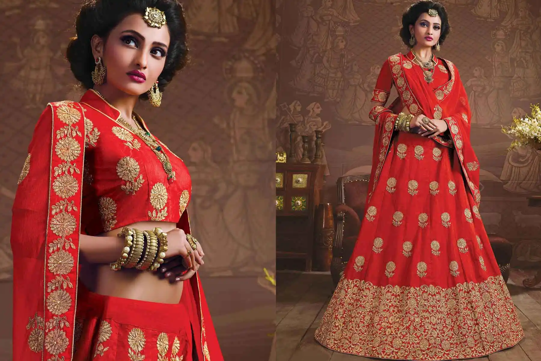 Embroidery Silk Red Color Wedding Sangeet Lehengas Choli | FH564784048