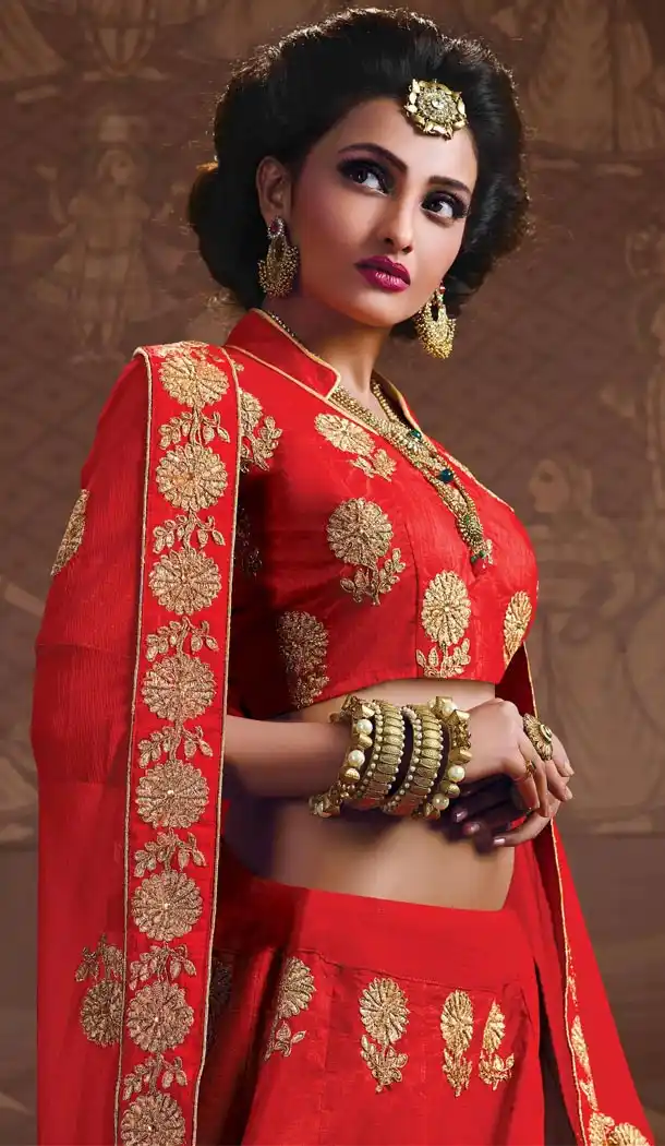 Embroidery Silk Red Color Wedding Sangeet Lehengas Choli | FH564784048