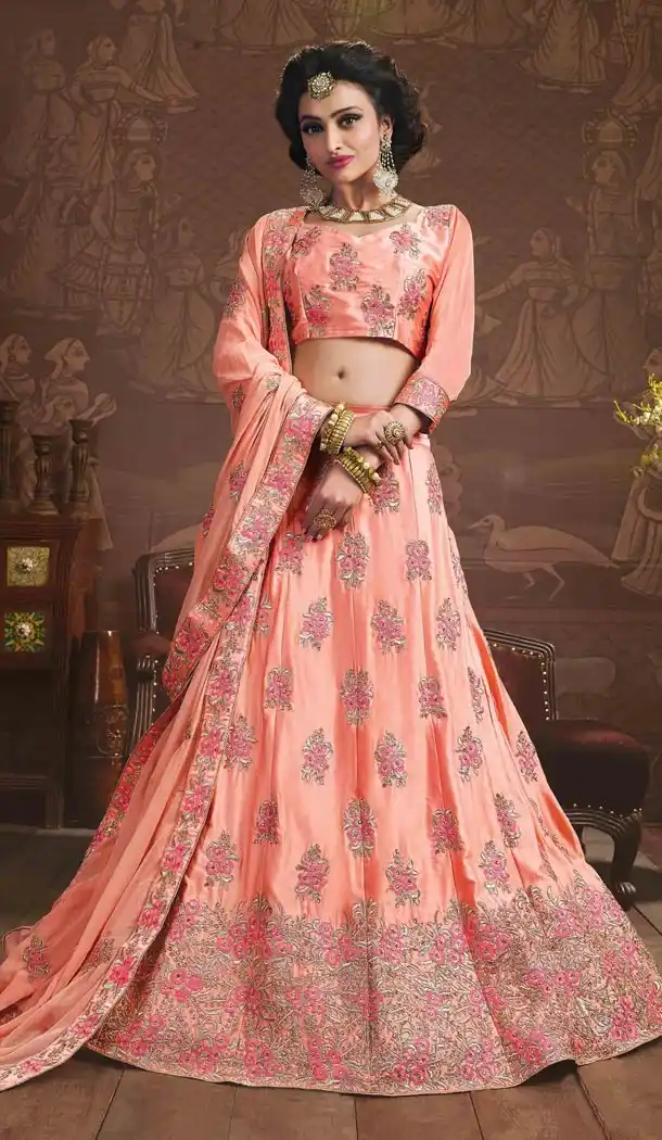 Embroidery Silk Salmon Color Wedding Sangeet Lehengas Choli | FH564784049