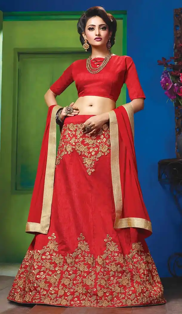 Red Color Silk Embroidery Work Indian Festival Wear Lehengas Choli | FH564984056