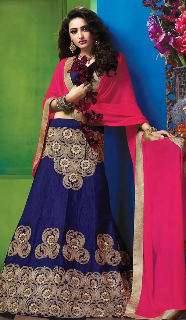 Deep Blue Color Silk Embroidery Work Indian Festival Wear Lehengas Choli | FH564984058