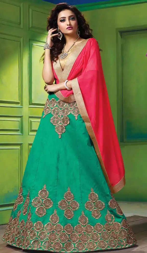 Green Color Silk Embroidery Work Indian Festival Wear Lehengas Choli | FH564984059