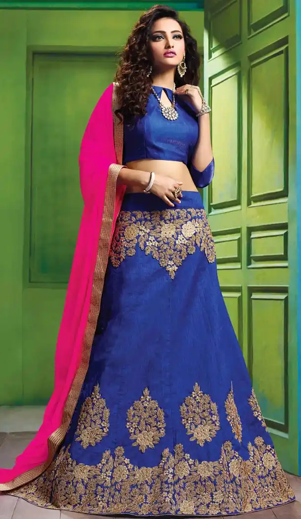 Blue Color Silk Embroidery Work Indian Festival Wear Lehengas Choli | FH564984060