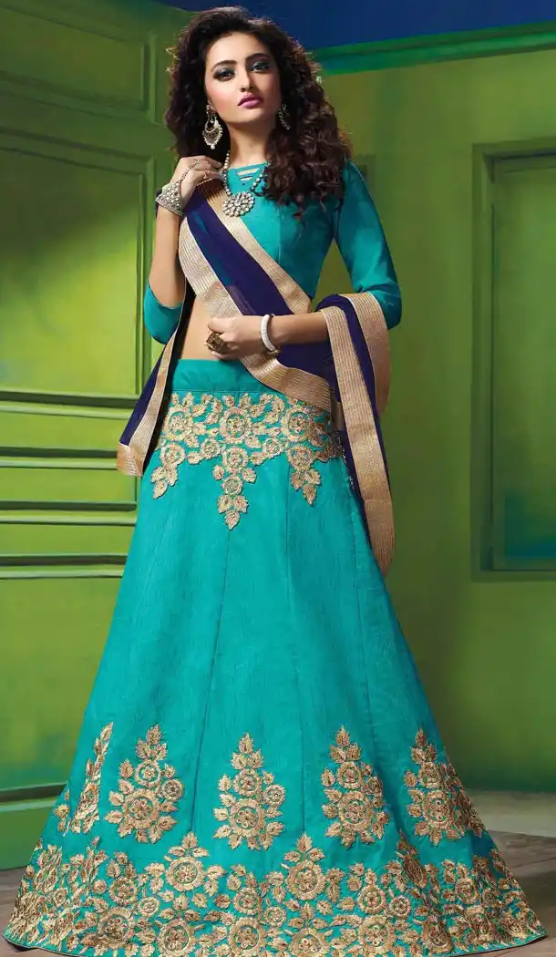 Turquoise Color Silk Embroidery Work Indian Festival Wear Lehengas Choli | FH564984061