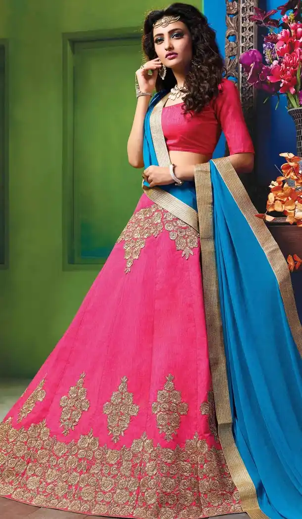 Deep Pink Color Silk Embroidery Work Indian Festival Wear Lehengas Choli | FH564984062