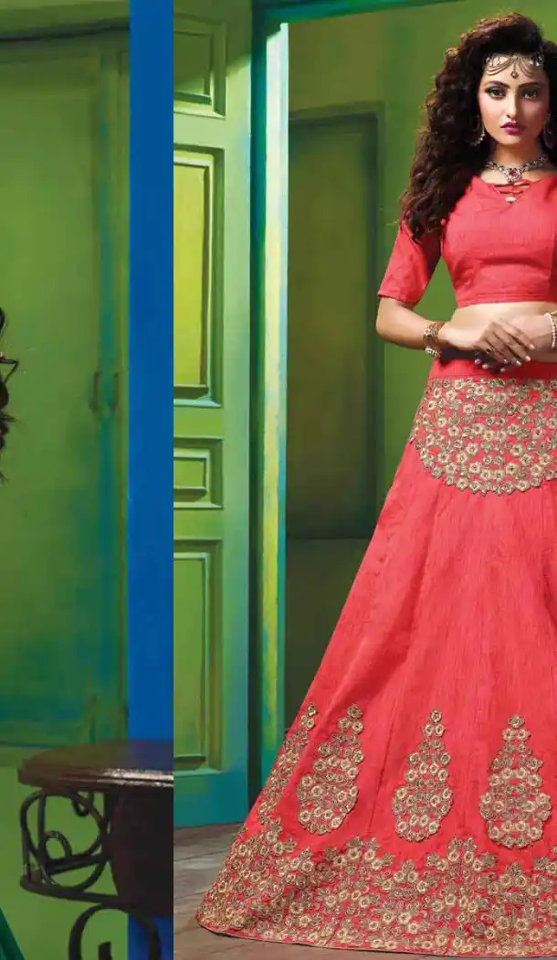 Salmon Color Silk Embroidery Work Indian Festival Wear Lehengas Choli | FH564984063