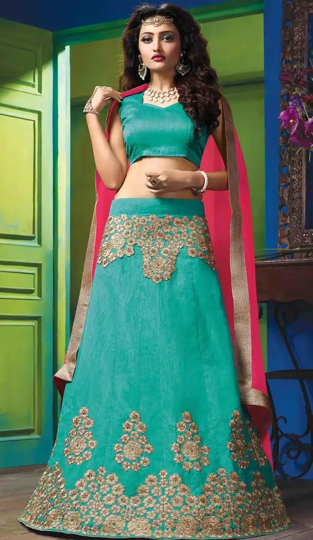 Greenish Blue Color Silk Embroidery Work Indian Festival Wear Lehengas Choli | FH564984064