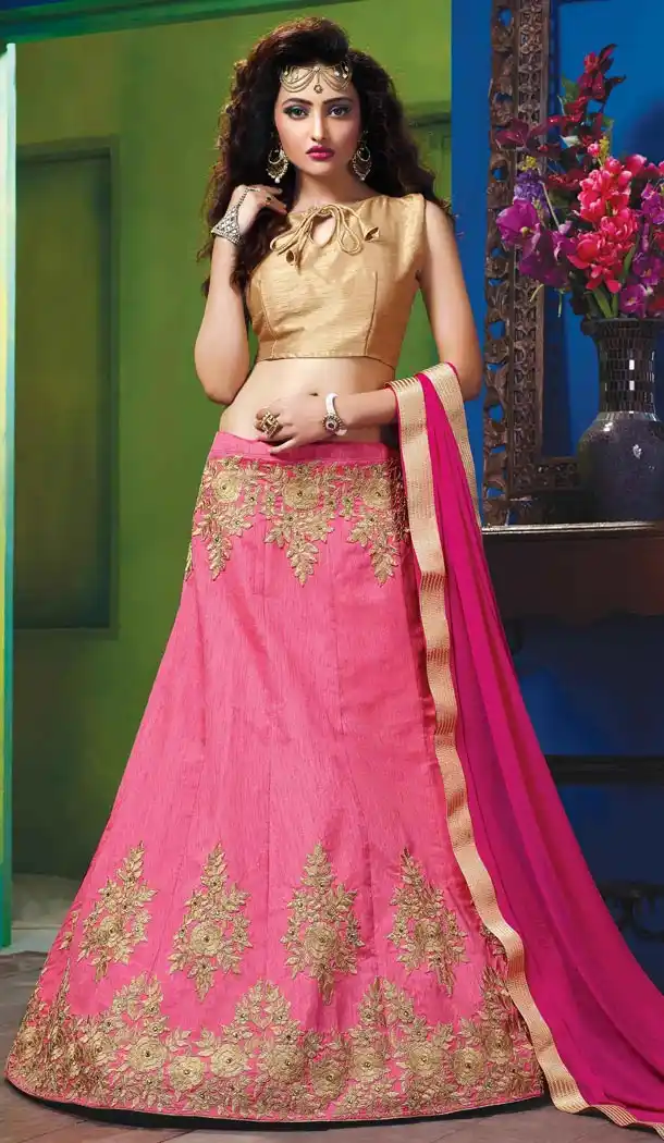 Pink Color Silk Embroidery Work Indian Festival Wear Lehengas Choli | FH564984065