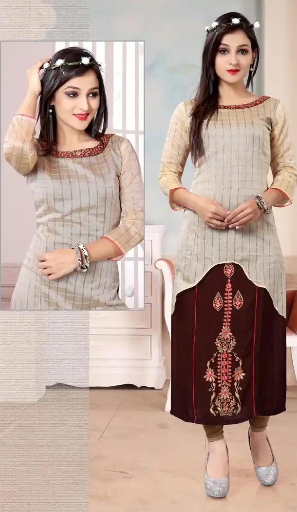 Cream Color Cotton Embroidery Straight Style Readymade Kurtis | FH565284088