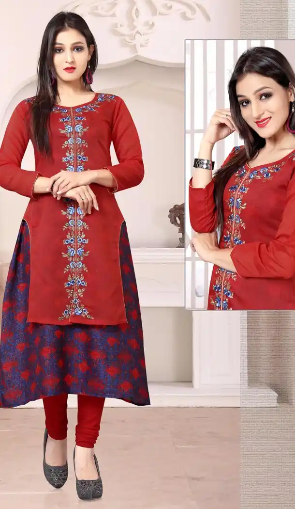 Maroon Color Jute Embroidery Straight Style Readymade Kurtis | FH565284089