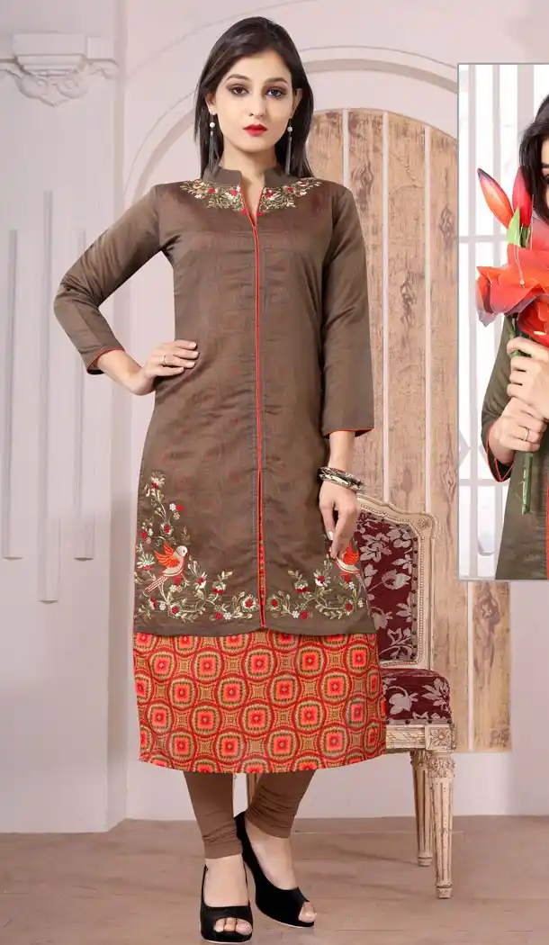 Brown Color Bhagalpuri Silk Embroidery Straight Style Readymade Kurtis | FH565284092