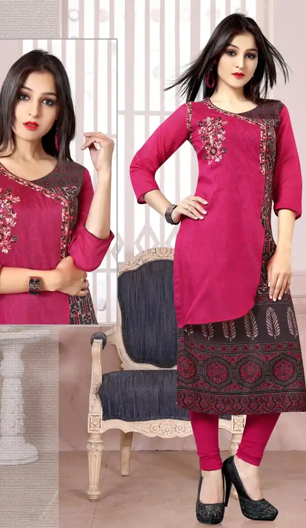 Pink Color Cotton Embroidery Straight Style Readymade Kurtis | FH565284093