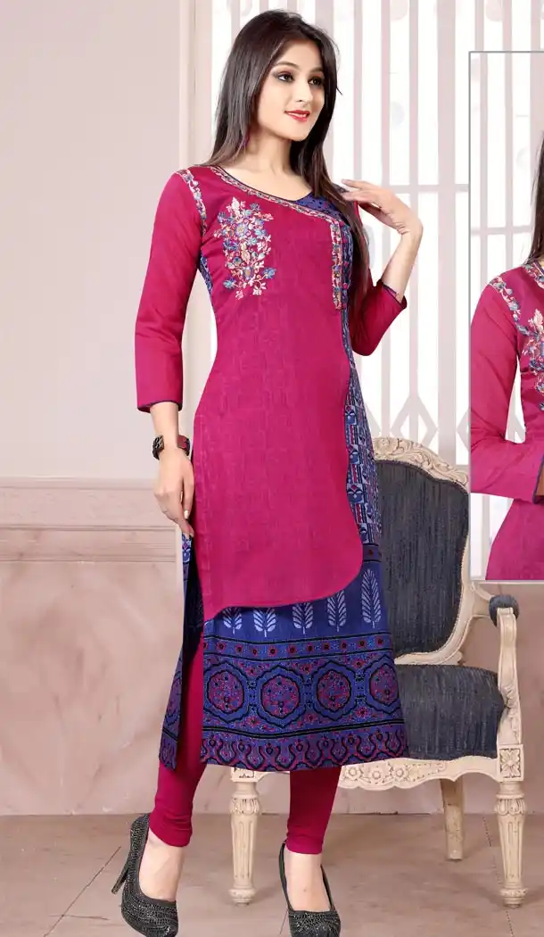 Pink Color Cotton Embroidery Straight Style Readymade Kurtis | FH565284094