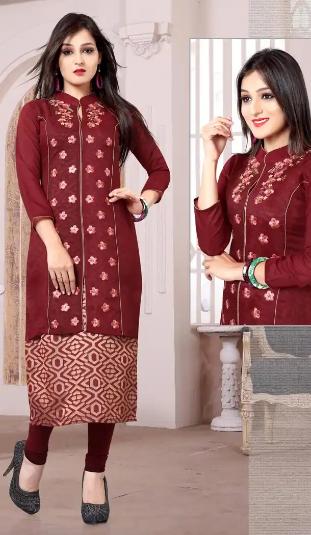 Maroon Color Jacquard Embroidery Straight Style Readymade Kurtis | FH565284095
