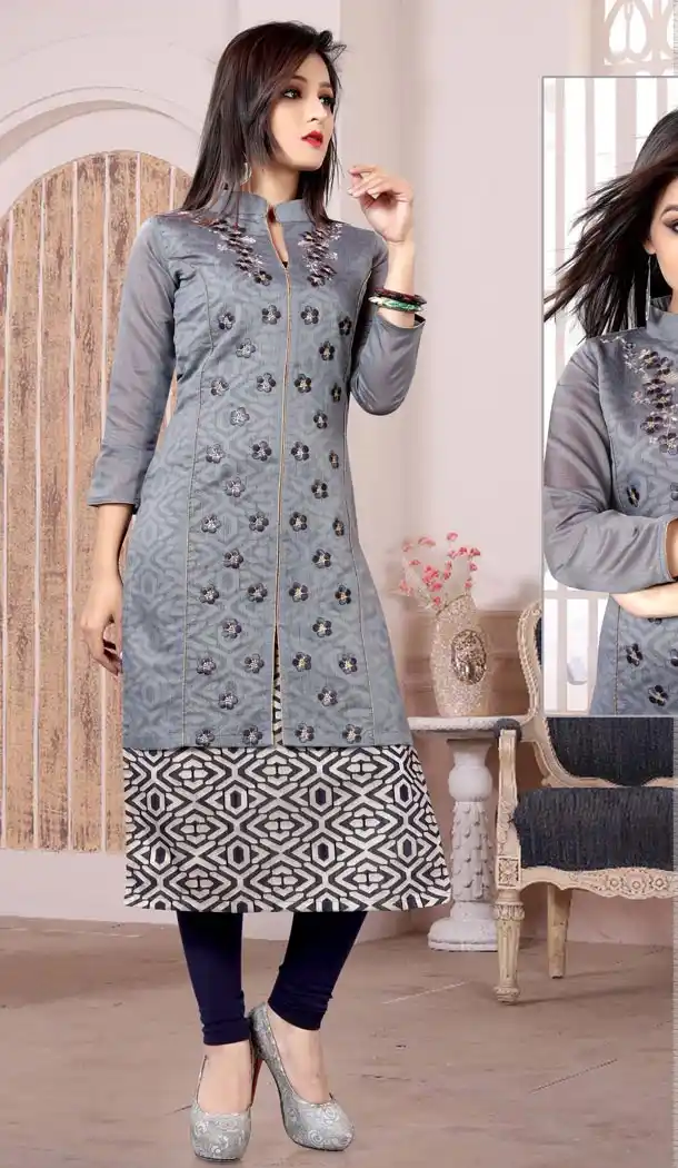 Grey Color Jacquard Embroidery Straight Style Readymade Kurtis | FH565284096