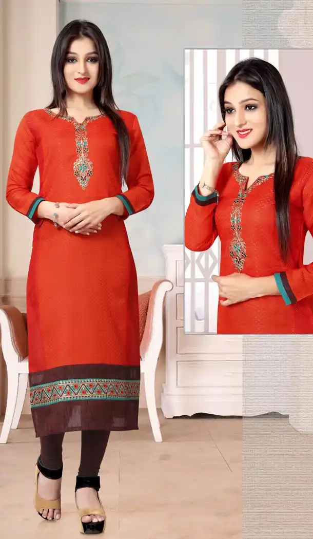 Red Color Banarasi Silk Embroidery Straight Style Readymade Kurtis | FH565284097