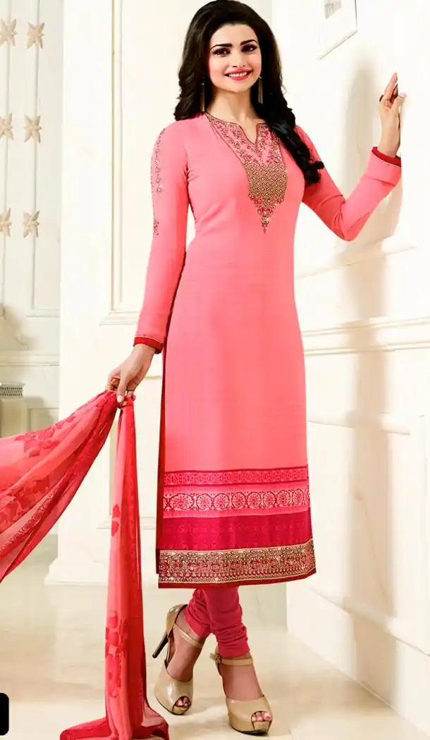 Salmon Color Georgette Straight Cut Style Casual Salwar Kameez | FH565384098