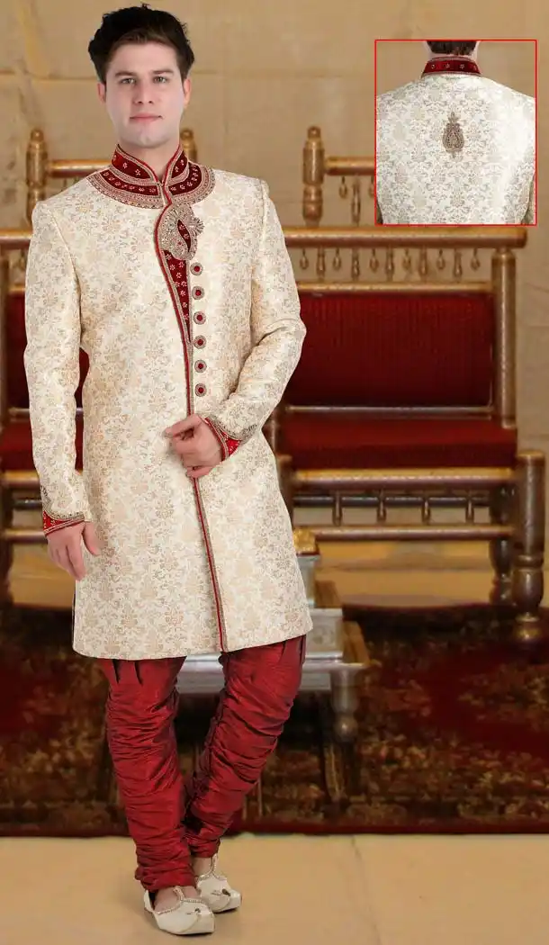 White Color Brocade Designer Wedding Men Sherwani | FH565684130