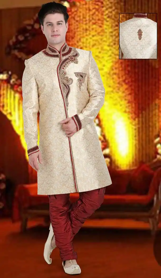 Cream Color Brocade Designer Wedding Men Sherwani | FH565684131