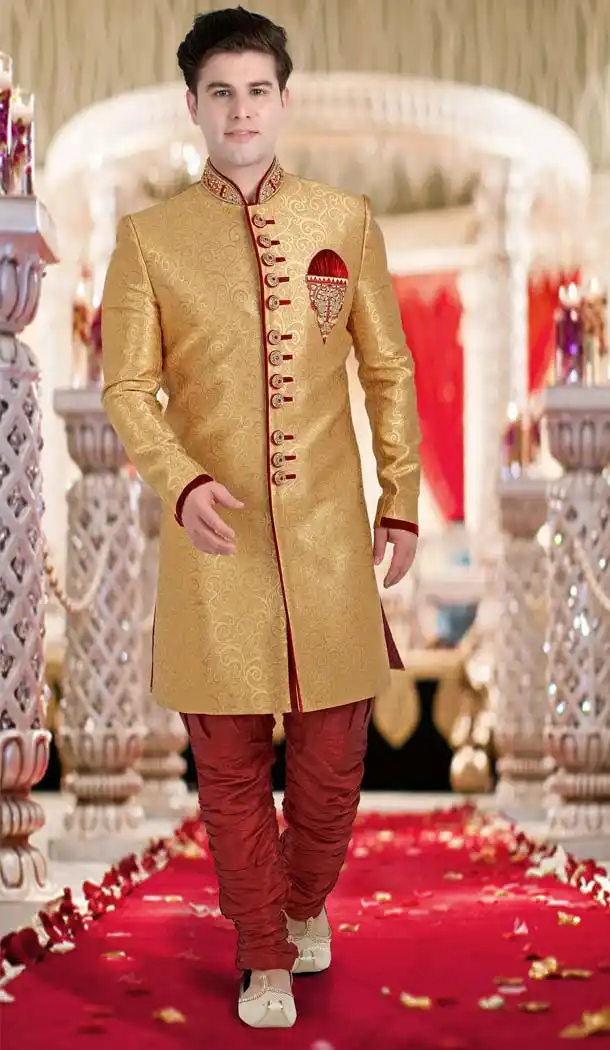 French Beige Color Brocade Designer Wedding Men Sherwani | FH565684132