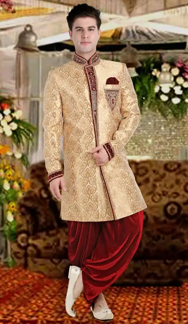 Beige Color Brocade Designer Wedding Men Sherwani | FH565684133