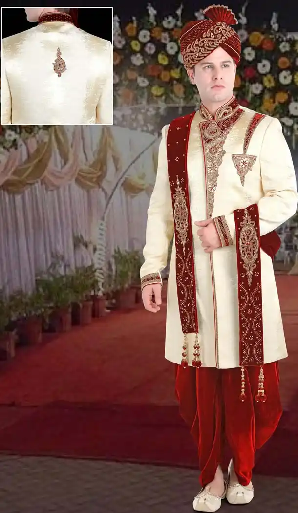 Cream Color Jute Designer Wedding Men Sherwani | FH565684134
