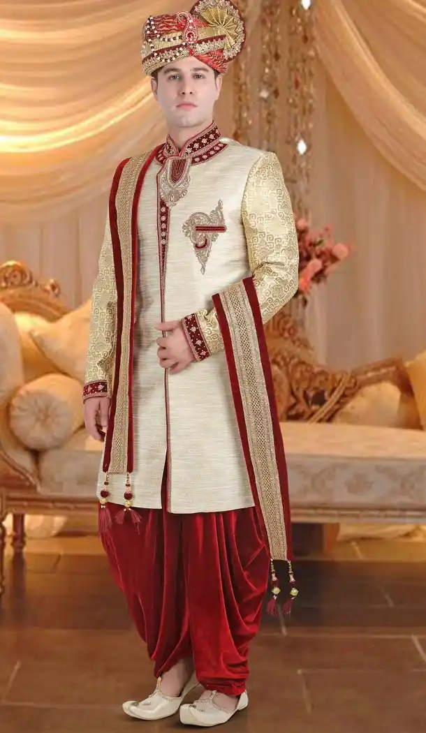 Jute Cream Color Designer Wedding Men Sherwani | FH565684135