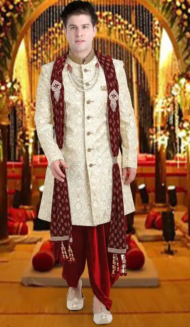 Jacquard Cream Color Designer Wedding Men Sherwani | FH565684136