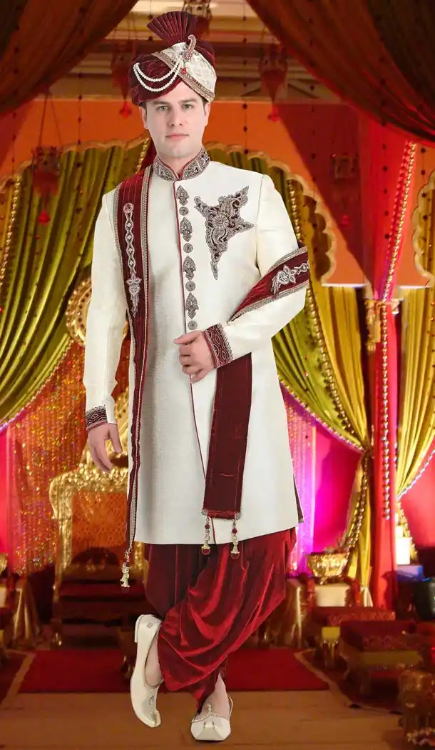Cream Color Jute Designer Wedding Men Sherwani | FH565684138